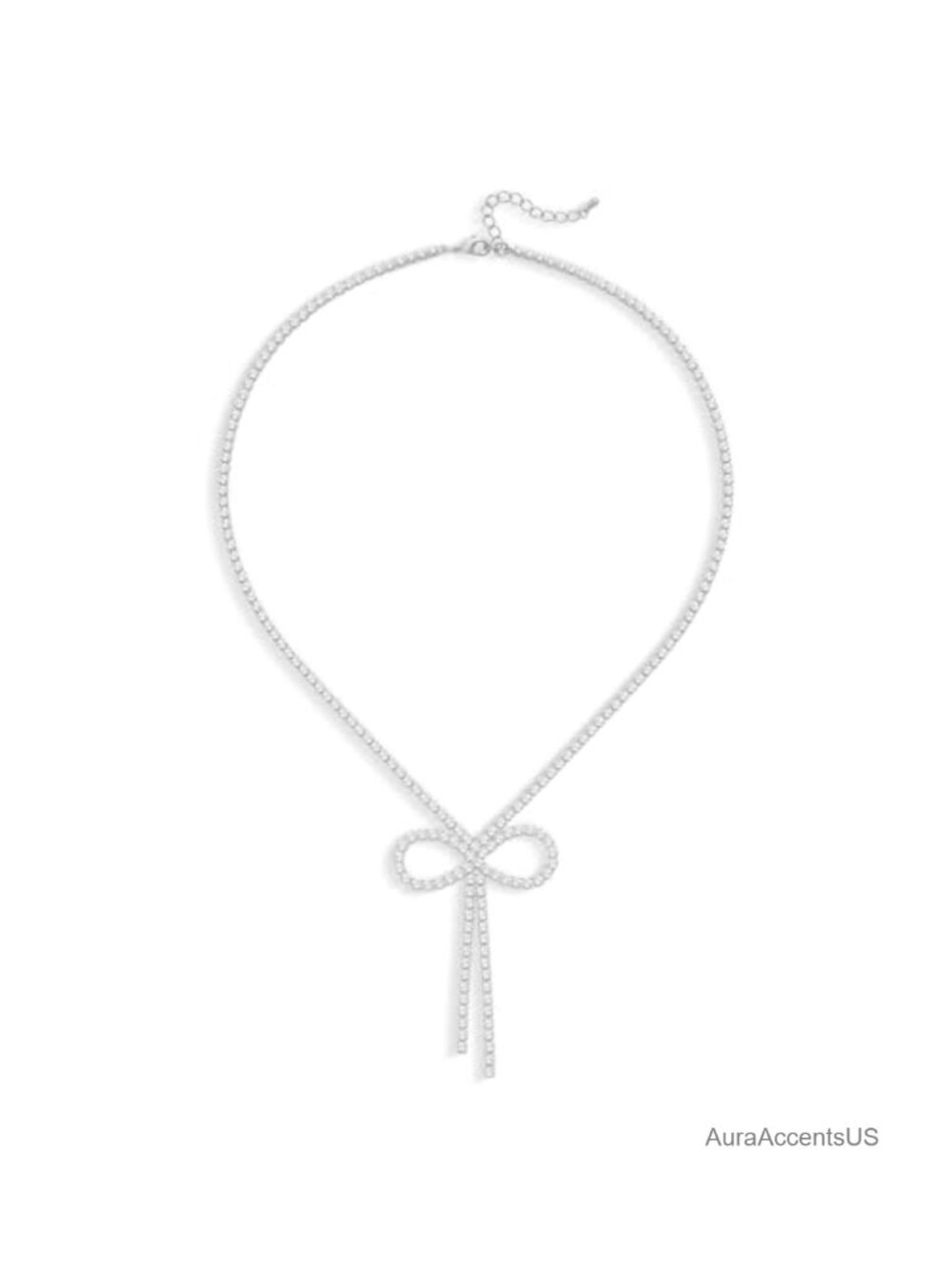 Rhinestone Bow Necklace Cubic Zirconia Lobster Clasp Adjustable 20in Women